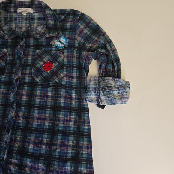 Urban Girl Plaid Roll tab Sleeve Button Down with iron on Patches size Medium - Picture 4 of 11